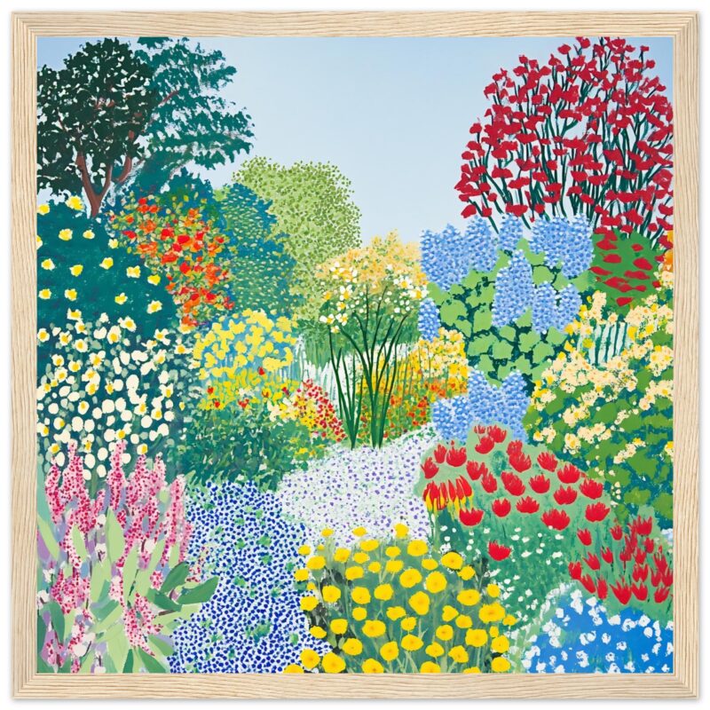 Flores coloridas y arbustos en estilo pintura al óleo, paisaje floral vibrante y elaborado.