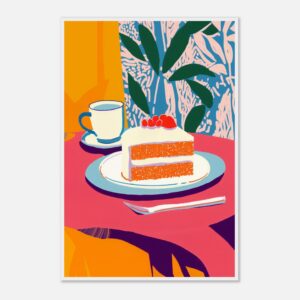 Tarta de zanahoria con cobertura de queso y frutos rojos en una mesa colorida con taza de café.