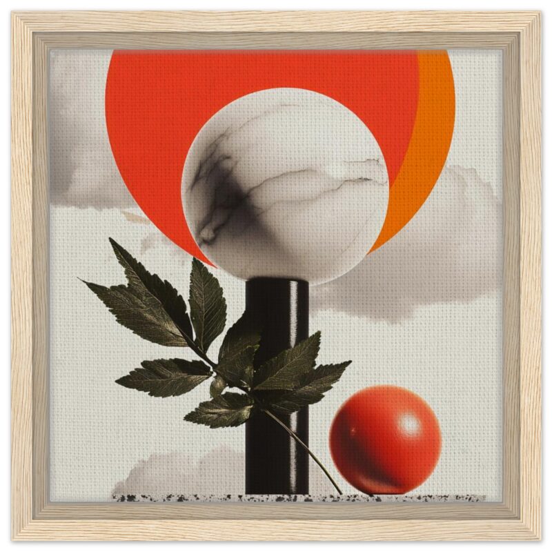 Diseño moderno de arte abstracto con esferas y hojas naturales en marco de madera.