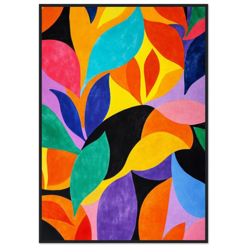 Lámina de arte abstracto con formas y colores vibrantes, perfecta para decorar espacios modernos y contemporáneos.