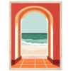 Ventana con vista al mar y estilo mediterráneo. Diseño de arte digital para decoración moderna y artística.