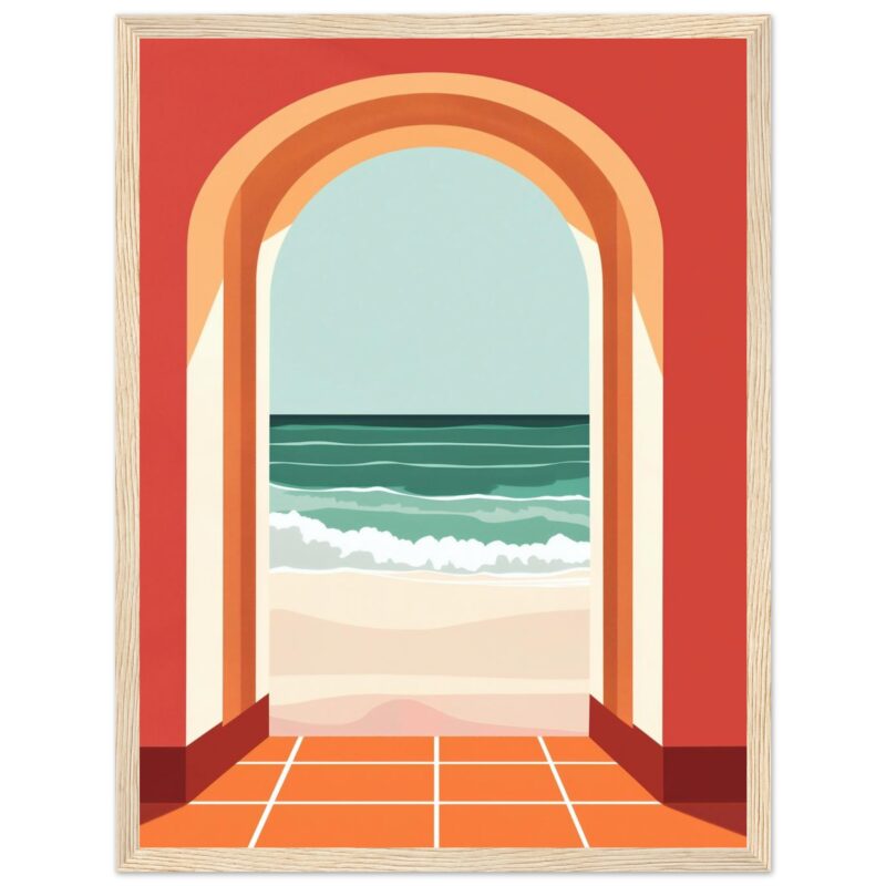 Ventana con vista al mar y estilo mediterráneo. Diseño de arte digital para decoración moderna y artística.