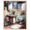 Espejo oval de estilo clásico en baño con paredes azules y azulejos en tonos cálidos.