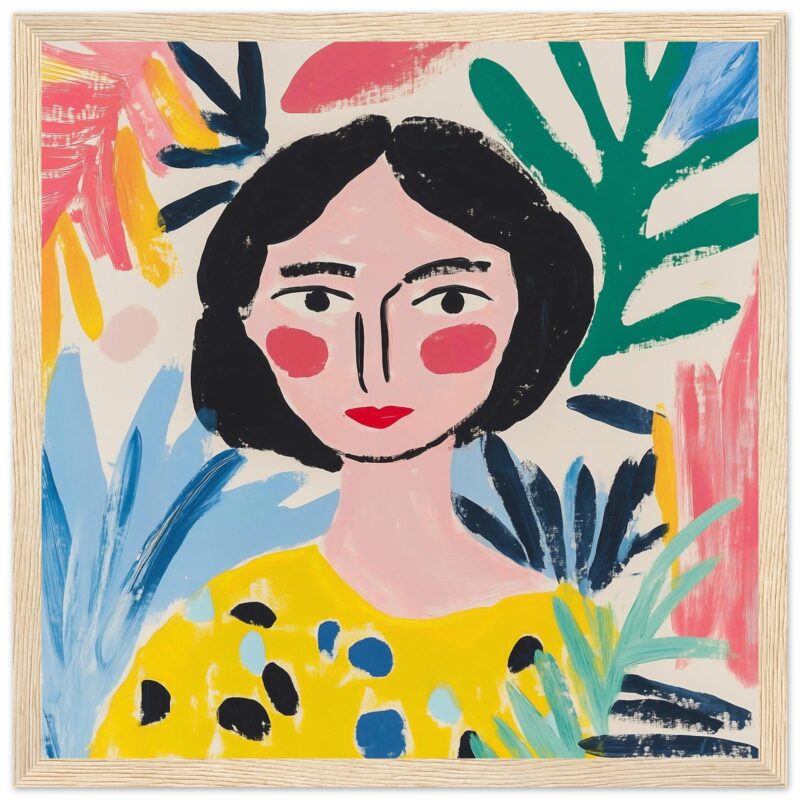 Retrato de mujer en estilo artístico con colores vibrantes y fondo de plantas tropicales.