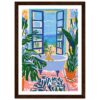 Esquina de baño con ventana y plantas decorativas, estilo pintura moderna y vibrante.