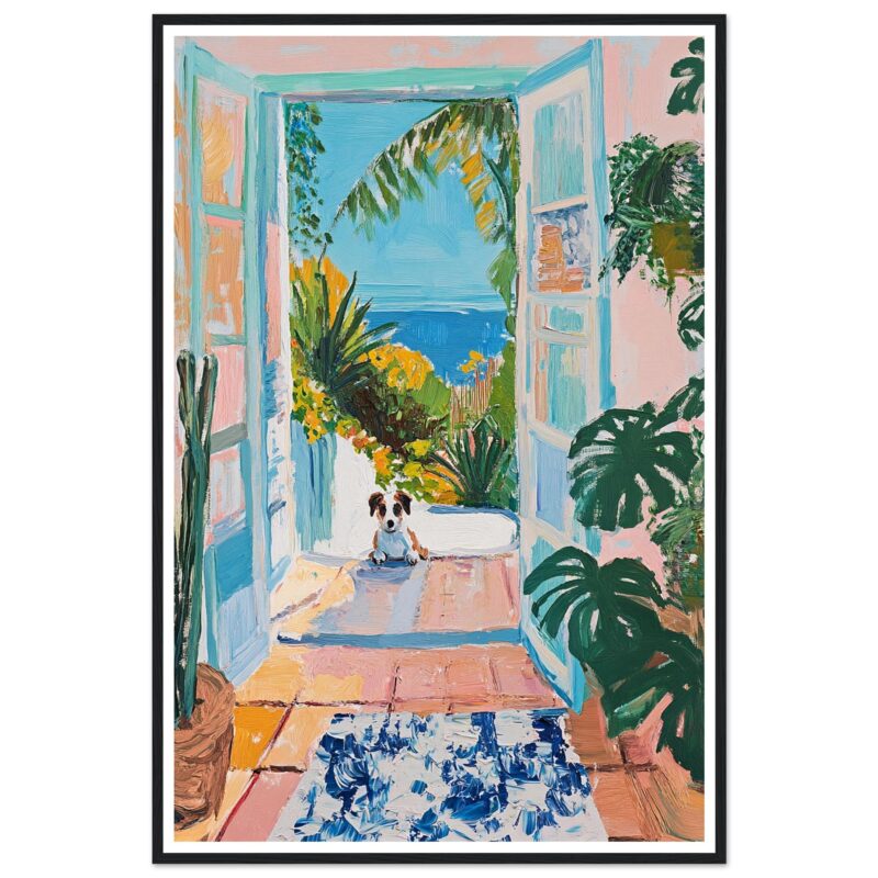 Puerta abierta con vista al mar y vegetación tropical, arte digital estilo impresionista.