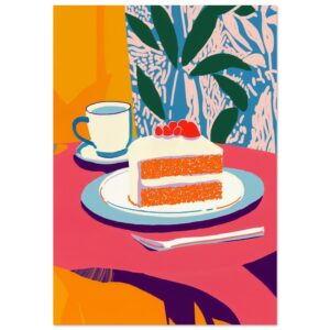 Pastel digital con tarta de zanahoria y taza de café, arte moderno y colorido para decoración.