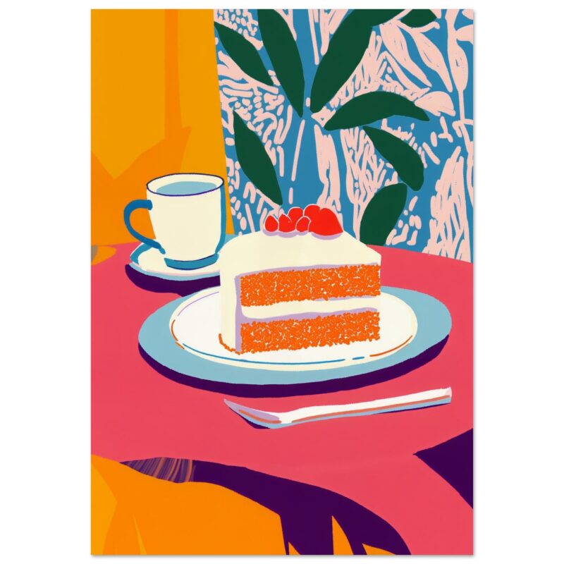 Pastel digital con tarta de zanahoria y taza de café, arte moderno y colorido para decoración.
