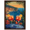 Cielos anaranjados sobre la costa de Amalfi con vistas de mar y barcos en estilo artístico digital.