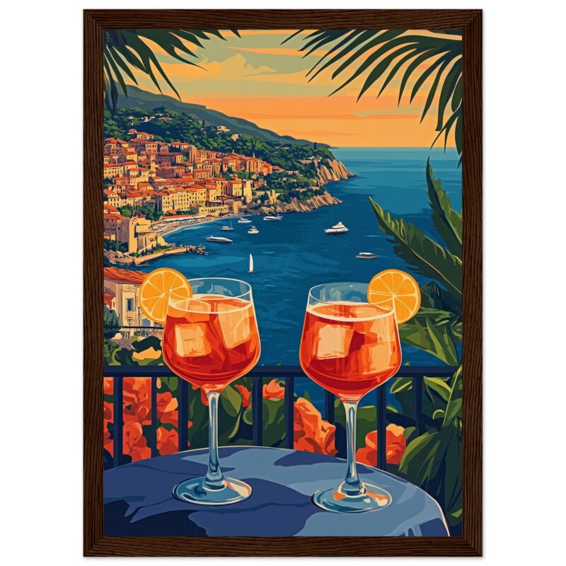 Cielos anaranjados sobre la costa de Amalfi con vistas de mar y barcos en estilo artístico digital.