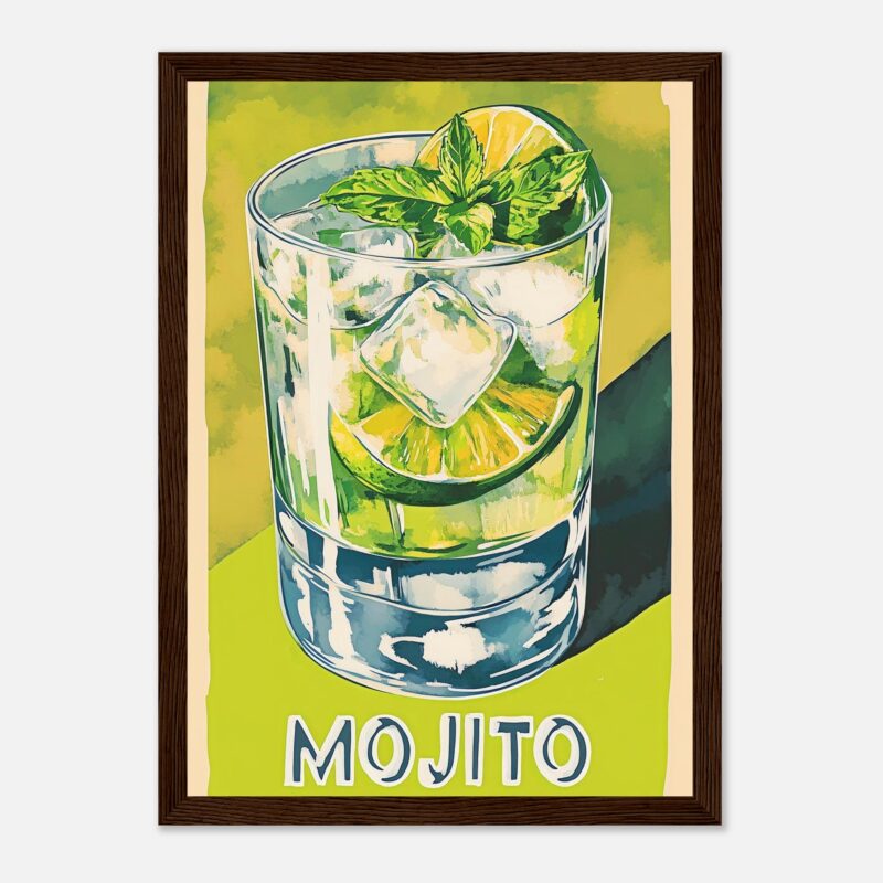 Refresco de mojito con hierbabuena y limón, ilustración artística en marco de madera.