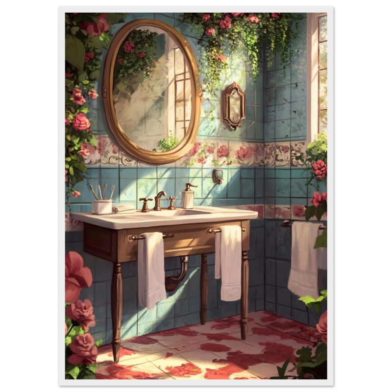 72990506-ec47-4795-9abe-b11cf39d163b.jpg Espejo vintage y azulejos con flores en baño luminoso estilo rústico.