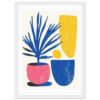 Vasos decorativos con planta y formas abstractas en estilo moderno, arte digital colorido.