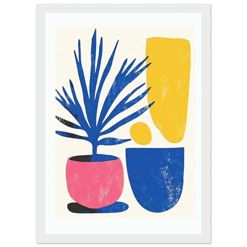 Vasos decorativos con planta y formas abstractas en estilo moderno, arte digital colorido.