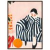 Dibujo de mujer con bata de rayas negras y blancas, estilo ilustración moderna, en interior decorativo, arte digital, ilustración de moda, obra de arte contemporáneo.