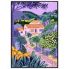 Paisaje vibrante de una casa rodeada de naturaleza y jardines en colores vivos y tonos lilas, estilo artístico digital.