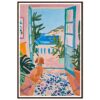 At alt: Pintura moderna de un perro observando desde una terraza con vista al mar en un estilo artístico vibrante.