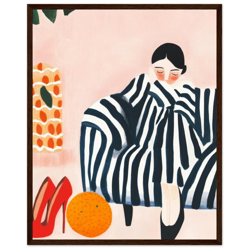 Belleza moderna en pintura digital de mujer con vestido a rayas negras y blancas.