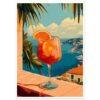 Tinto de verano con vista al mar, en un estilo artístico digital, ideal para inspiración vacacional y cócteles en la playa.