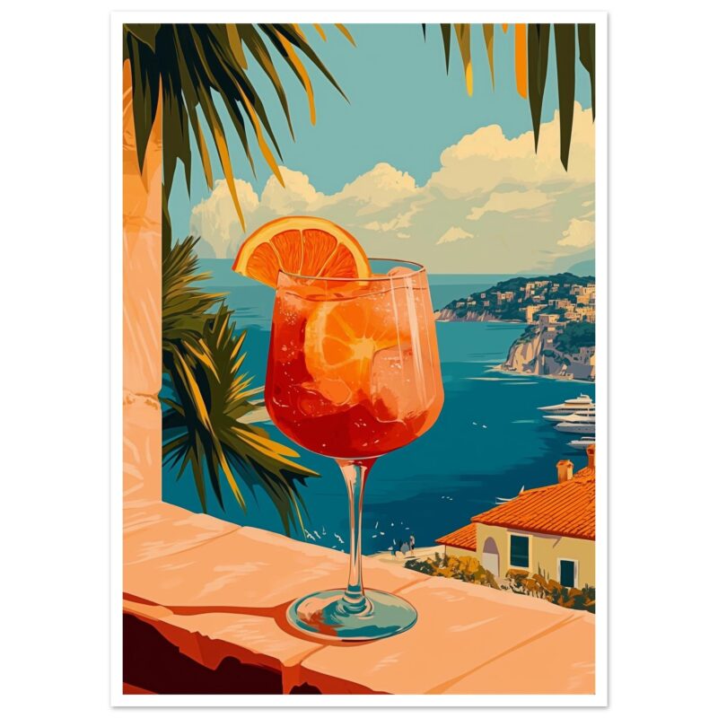 Tinto de verano con vista al mar, en un estilo artístico digital, ideal para inspiración vacacional y cócteles en la playa.
