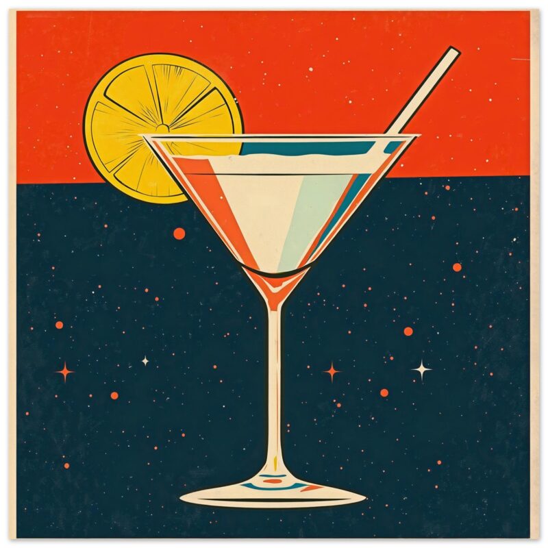 Cóctel de estilo retro en copa de cocktail con rodaja de limón y fondo de estrellas en colores naranja y azul oscuro.