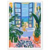 Jarrón con plantas tropicales y vista al mar desde una ventana azul en un estilo artístico colorido.