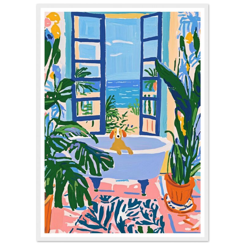 Jarrón con plantas tropicales y vista al mar desde una ventana azul en un estilo artístico colorido.