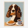 Perro salchicha con croissant y café en estilo ilustración moderna.