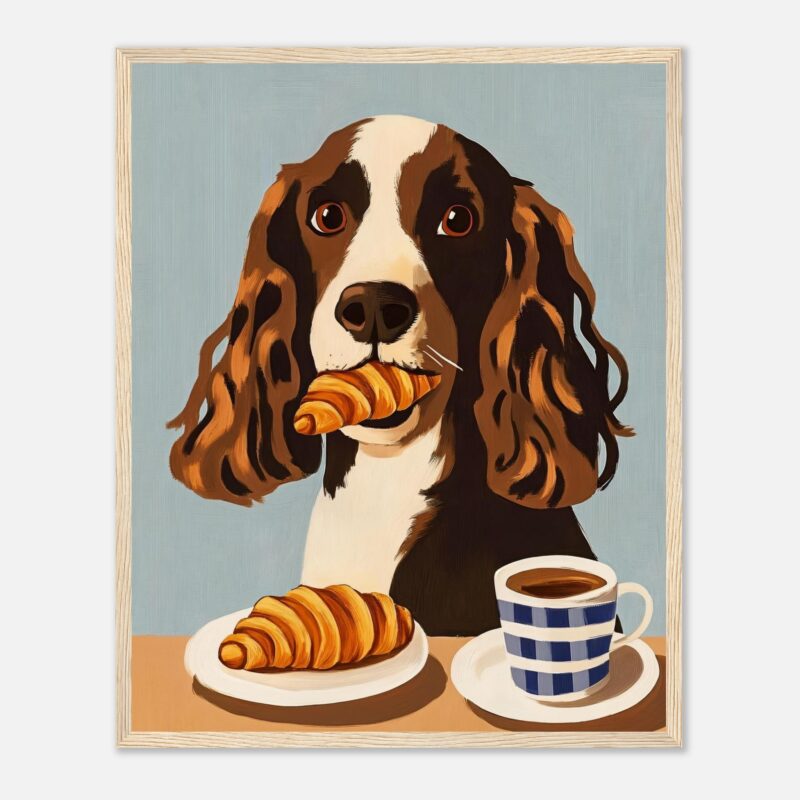Perro salchicha con croissant y café en estilo ilustración moderna.