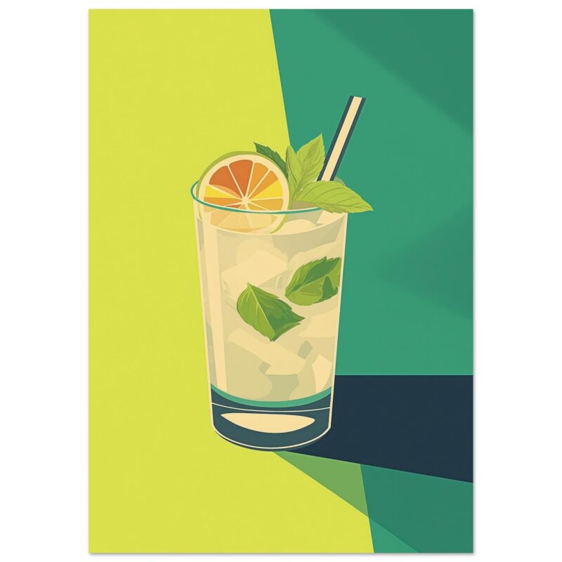 Refresco de limón y menta con hielo y una pajilla, ilustración digital moderna.