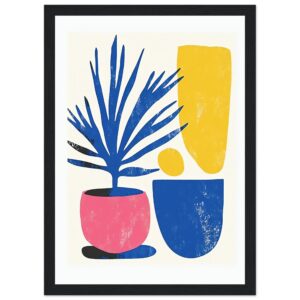 Vaso con planta de hojas largas en estilo artístico y colores vivos, decoración moderna para interior.