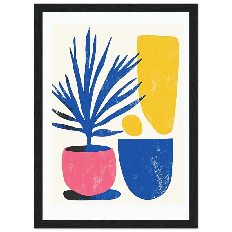 Vaso con planta de hojas largas en estilo artístico y colores vivos, decoración moderna para interior.