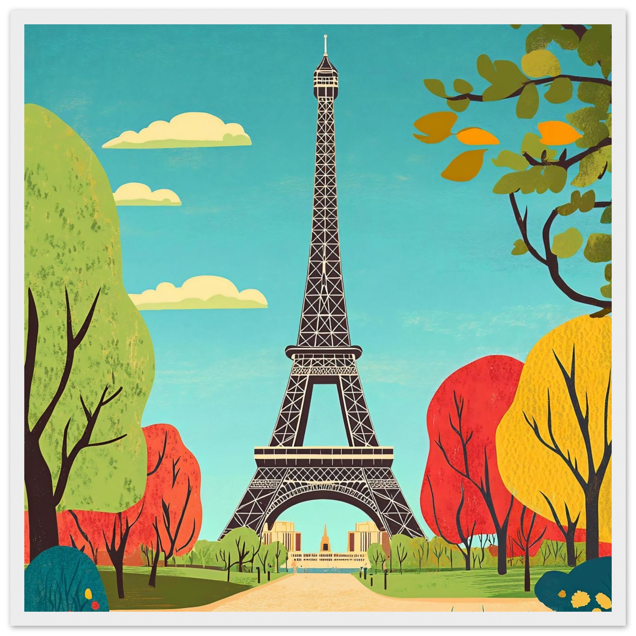 Torre Eiffel en ilustración digital vibrante y colorida, perfecta para arte digital y decoración.