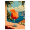 Vaso de cóctel con naranja y hielo, vista panorámica de la costa italiana, estilo digital vibrante.