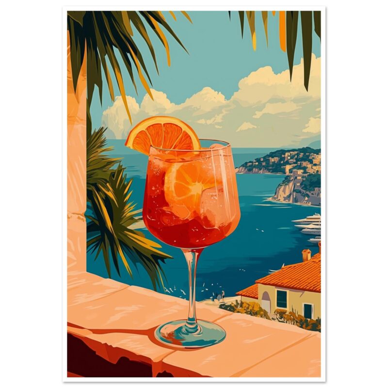 Vaso de cóctel con naranja y hielo, vista panorámica de la costa italiana, estilo digital vibrante.