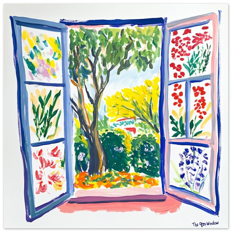 Ventana abierta con vista a un jardín colorido, pintura artística digital, arte digital, paisaje floral, estilo impresionista.