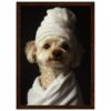 Perro con toalla en cabeza y bata, estilo retrato artístico, fotografía de alta calidad, mascotas, cuidado y bienestar animal.