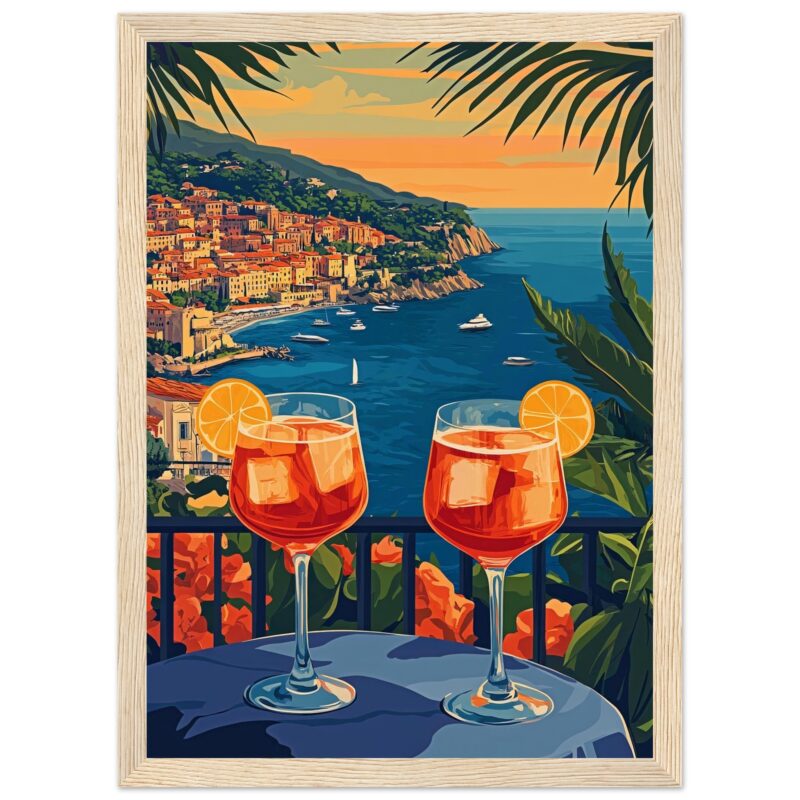 Vistas panorámicas de la Costa Amalfitana con dos cócteles Aperol Spritz, en un estilo artístico digital.