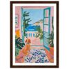 Puerta abierta con vistas al mar y plantas de interior, estilo pintura acrílica, arte colorido y vibrante, decoración moderna y artística.