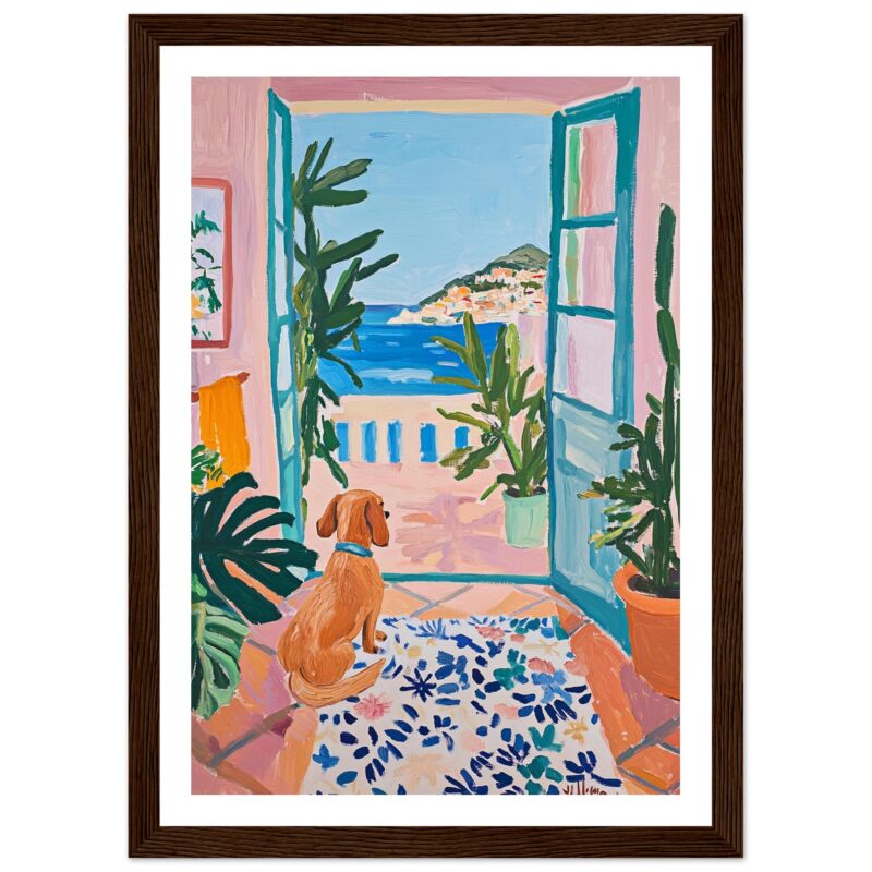Puerta abierta con vistas al mar y plantas de interior, estilo pintura acrílica, arte colorido y vibrante, decoración moderna y artística.
