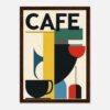 Bandeja de madera con cartel de arte moderno en estilo abstracto, con el texto "Café".