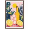 Refresco de limones con hielo y botella en un estilo moderno y colorido, rodeado de plantas tropicales.