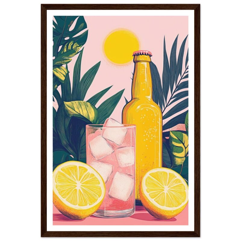 Refresco de limones con hielo y botella en un estilo moderno y colorido, rodeado de plantas tropicales.