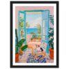 Puerta abierta con vista al mar, decorada con plantas y silla con perro, estilo pintura colorida.