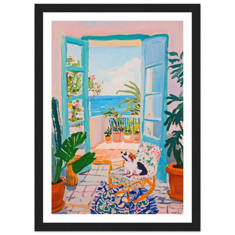Puerta abierta con vista al mar, decorada con plantas y silla con perro, estilo pintura colorida.