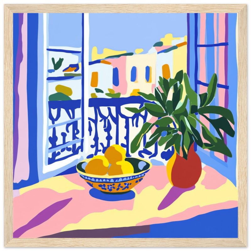 Playa y maceta con plantas en balcón estilo pintura moderna.