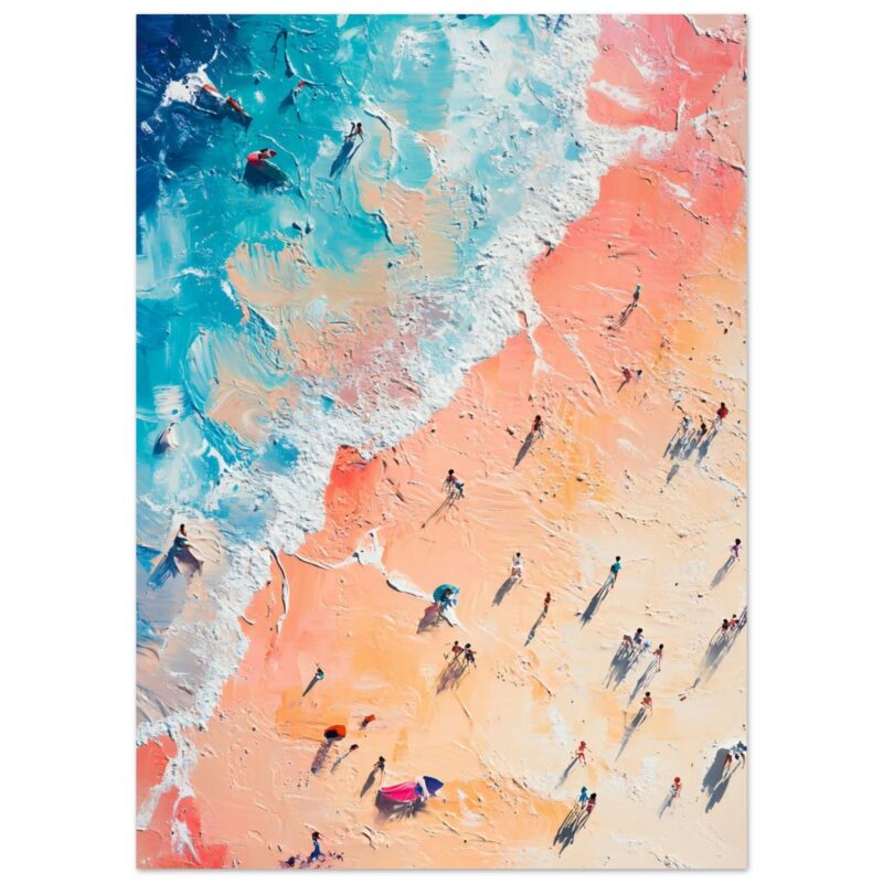 Playa con olas y personas en la arena, arte digital de alta calidad, estilo impresionista, decoración moderna, arte para pared.