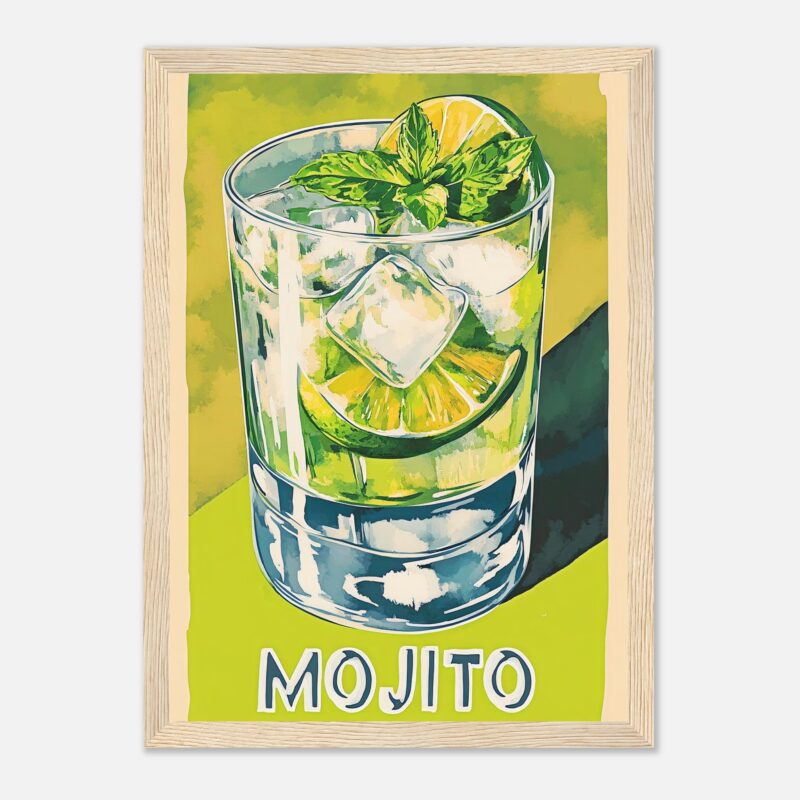Refresco de mojito con hierbabuena, limón y hielo en vaso, arte digital de diseño de barra, promoción de bebidas refrescantes.