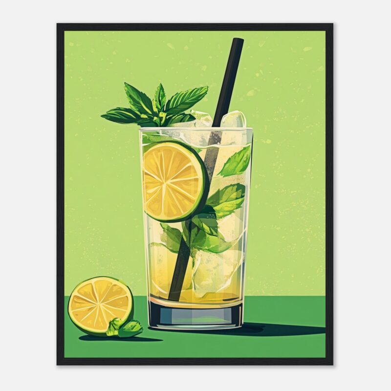 Refresco de limón y menta con hielo ilustrado digitalmente.