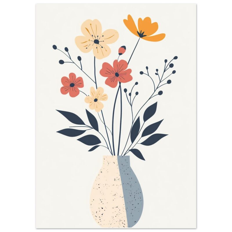 Flores coloridas en jarrón minimalista, arte digital de diseño floral para decoración moderna.